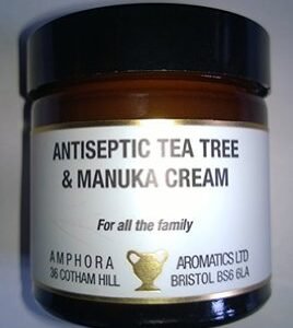 TEA TREE AND MANUKA CREAM IN A 60ML AMBER GLASS JAR BY AMPHORA AROMATICS