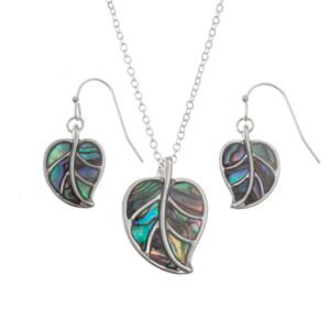 inlaid Paua shell leaf pendant on 18" trace chain and matching hook earring set