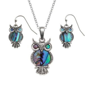 Tide Jewellery inlaid Paua shell owl pendant on 18" trace chain and matching hook earring set