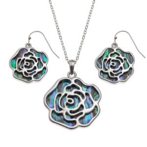 Tide Jewellery inlaid Paua shell rose pendant with Paua shell on the reverse, on 18" trace chain and matching hook earring set