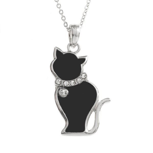 Tide Jewellery inlaid black enamel cat pendant with inset stones collar
