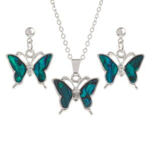 Tide Jewellery inlaid blue Paua shell butterfly pendant on 18" trace chain and matching drop stud earring set