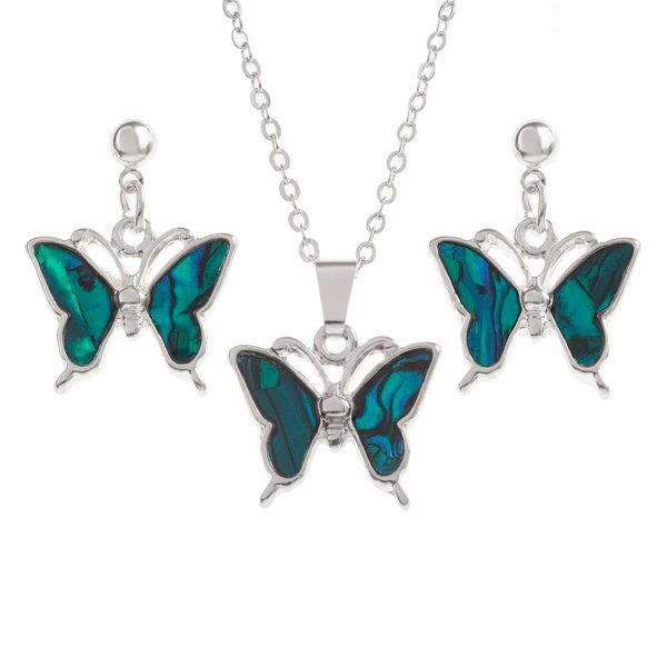 Tide Jewellery inlaid blue Paua shell butterfly pendant on 18" trace chain and matching drop stud earring set