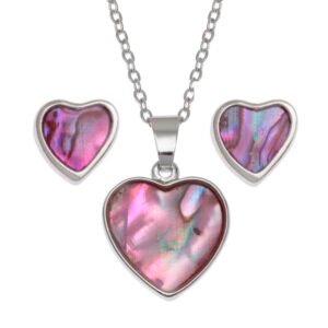 Tide Jewellery inlaid pink Paua shell Heart pendant, on 18" trace chain and matching stud earring set