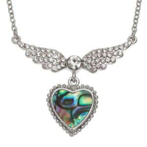 Inlaid Paua shell inset stone winged heart necklace